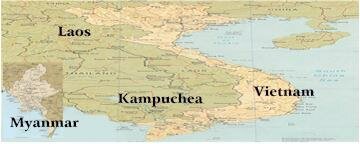 kampuchea, laos, myanmar, vietnam map